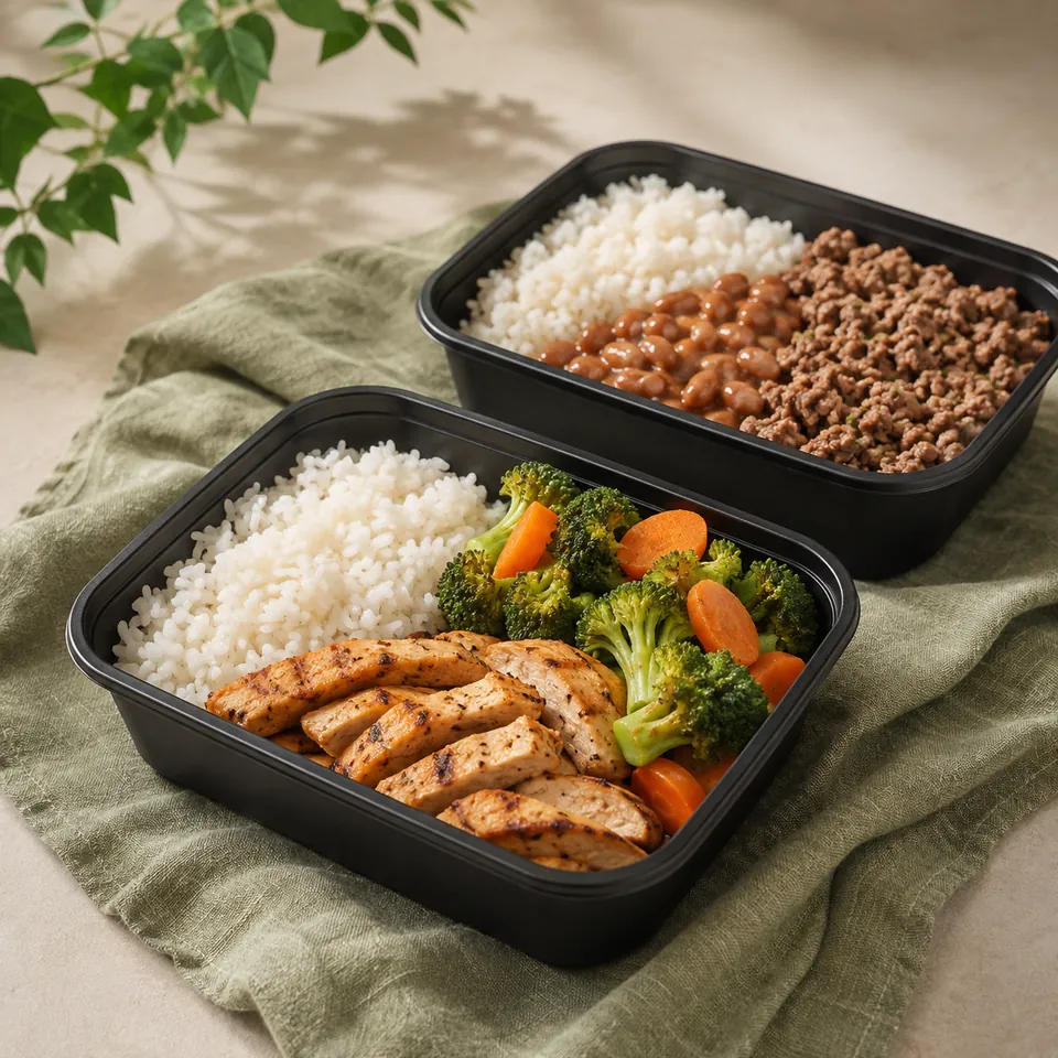 Imagem ilustrativa de duas marmitas com arroz, frango, legumes e carne moída.